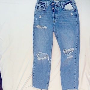 High waisted, straight leg jeans with distress